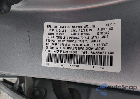 2013 Honda Accord Lx из США, поврежденный, VIN 1HGCR2F32DA095081